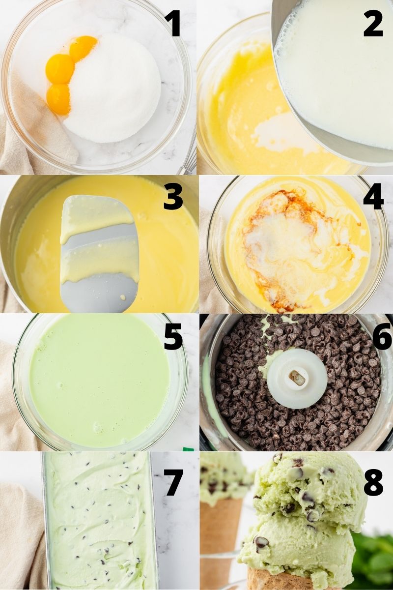 Photo collage showing 8 steps needed to make homemade mint chocolate chip ice cream from scratch.