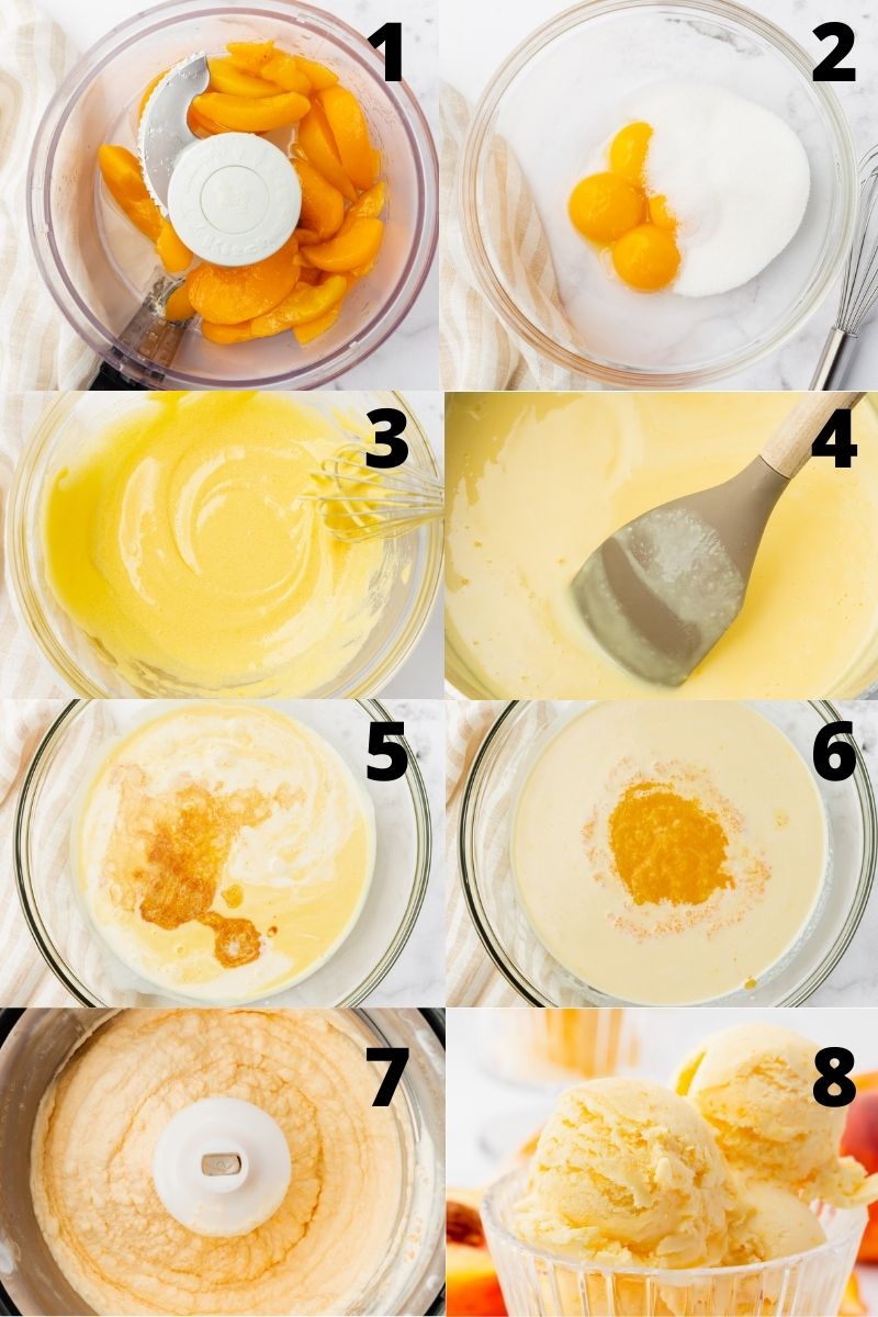 Photo collage showing 8 steps needed to make peach ice cream from scratch