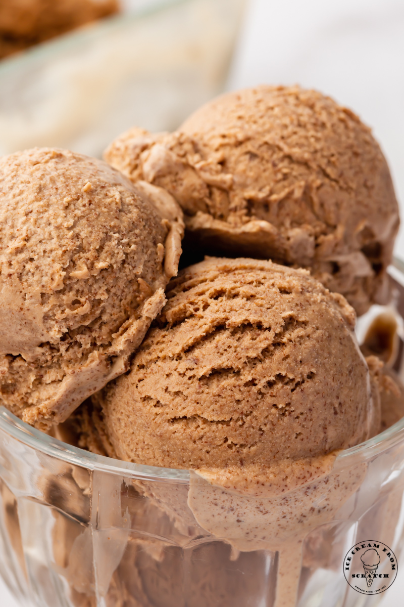 Closeup shot of a bowl of homemade chocolate ice cream.