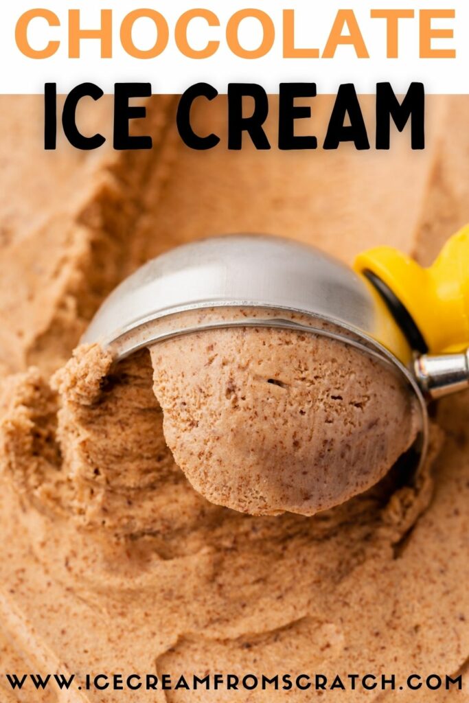closeup view of homemade chocolate ice cream being scooped with a metal ice cream scoop. Text at top of photo says Chocolate Ice Cream