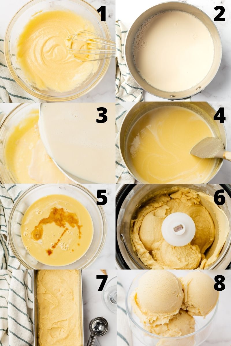 A collage of images showing the steps for making homemade ice cream from scratch in an ice cream maker