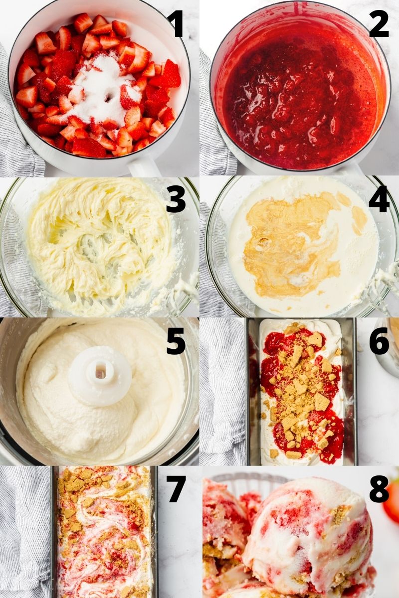 photo collage showing 8 steps needed to make strawberry cheesecake ice cream in an ice cream maker.