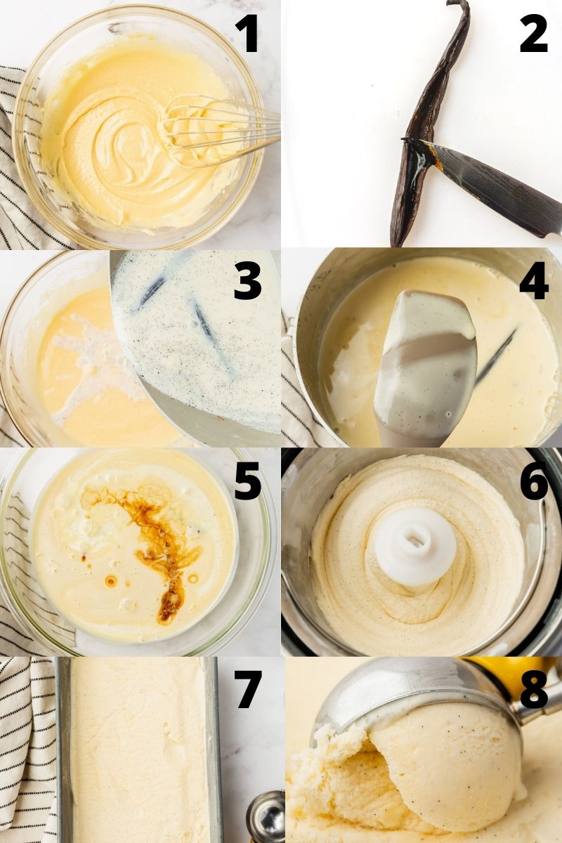 a photo collage of 8 images showing how to make homemade vanilla bean ice cream in an ice cream maker.