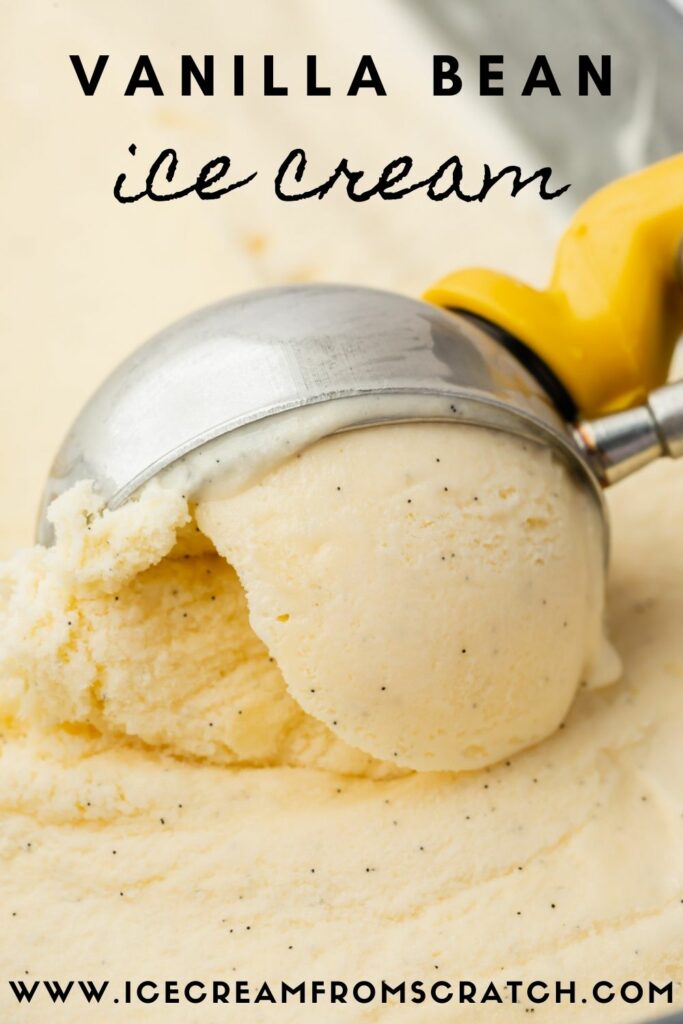 closeup of a pan of homemade vanilla bean ice cream being scooped with a metal scoop. text at top of image says Vanilla Bean Ice Cream.