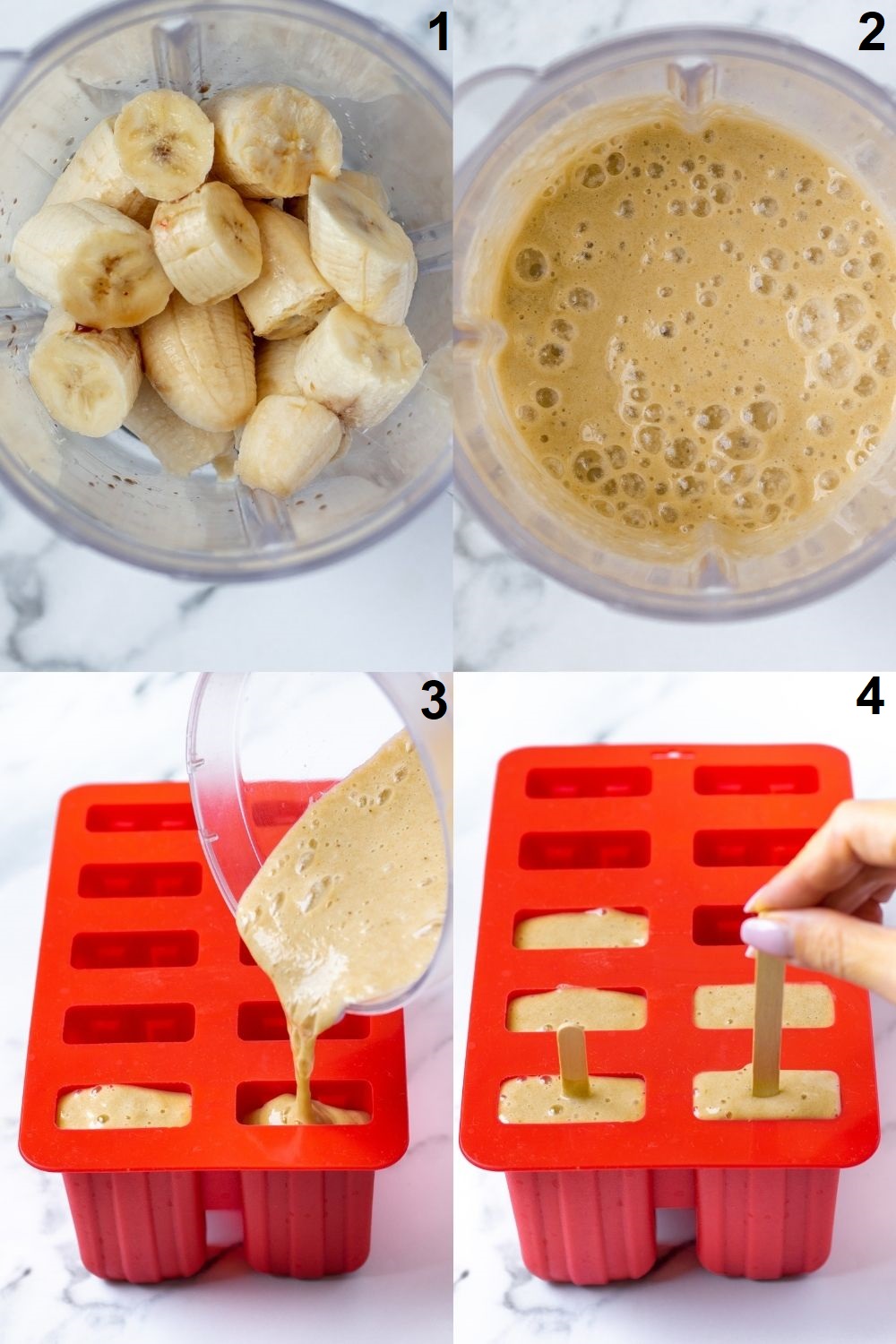 Photo collage of four steps needed to make banana popsicles using a blender and a red popsicle mold
