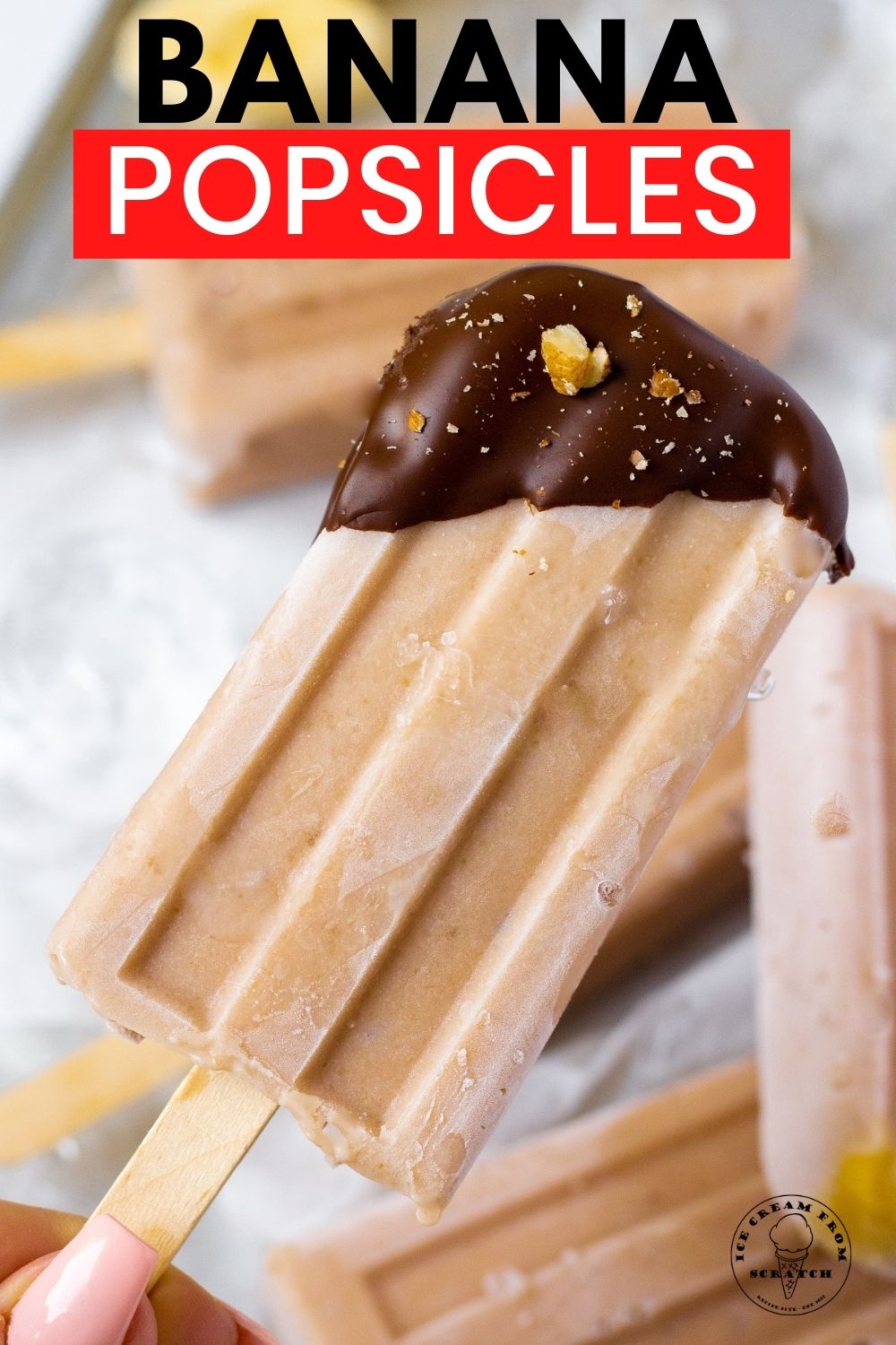 a light brown banana popsicle with just the top dipped in chocolate, sprinkled with chopped walnuts. Text overlay says Banana Popsicles