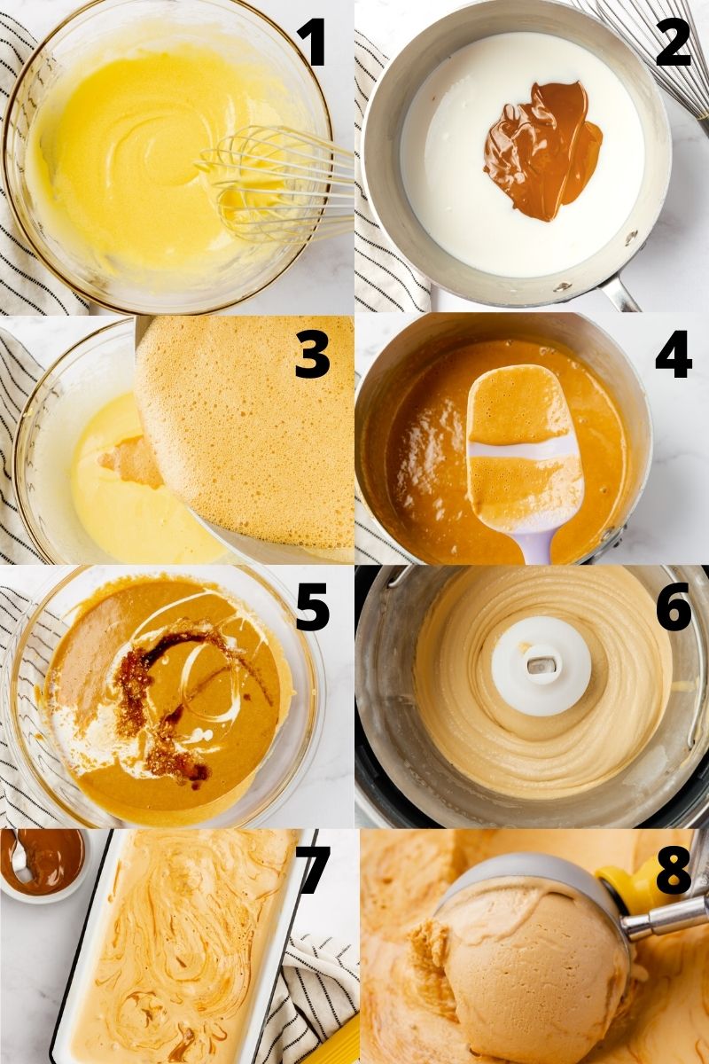 a photo collage of 8 images showing the steps needed to make homemade dulce de leche ice cream