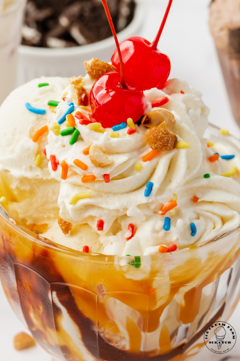 Closeup view of a vanilla ice cream sundae with nuts, sprinkles, cherries and whipped cream on top.