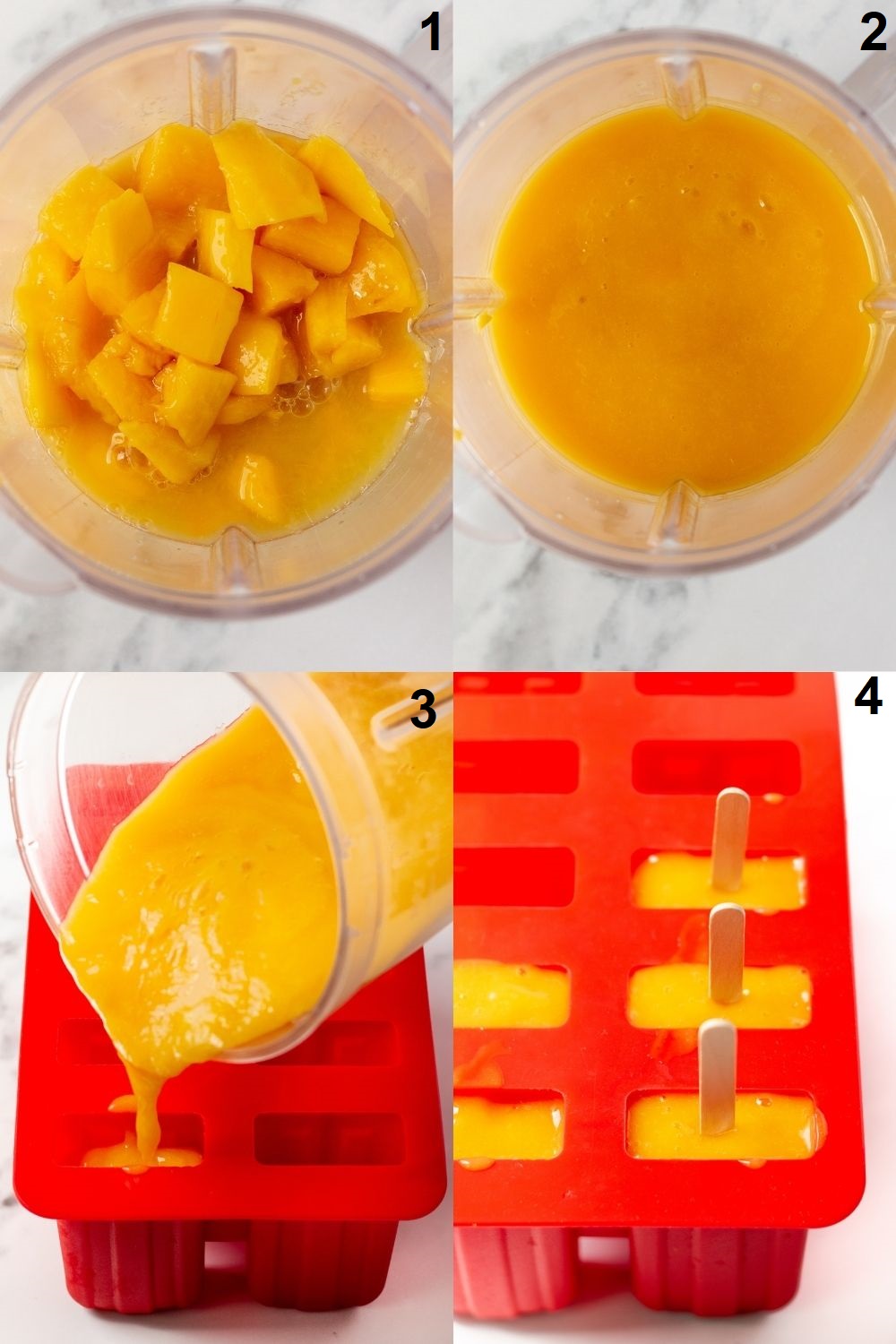 Photo collage showing how to make mango posicles using a blender and a red popsicle mold