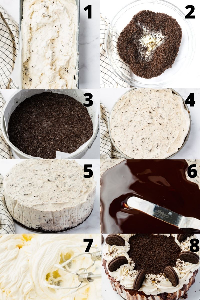 8 images in a collage, showing all of the steps needed to make a homemade oreo ice cream cake from scratch