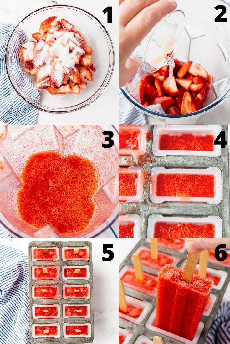 a collage of six images showing how to make homemade strawberry popsicles.