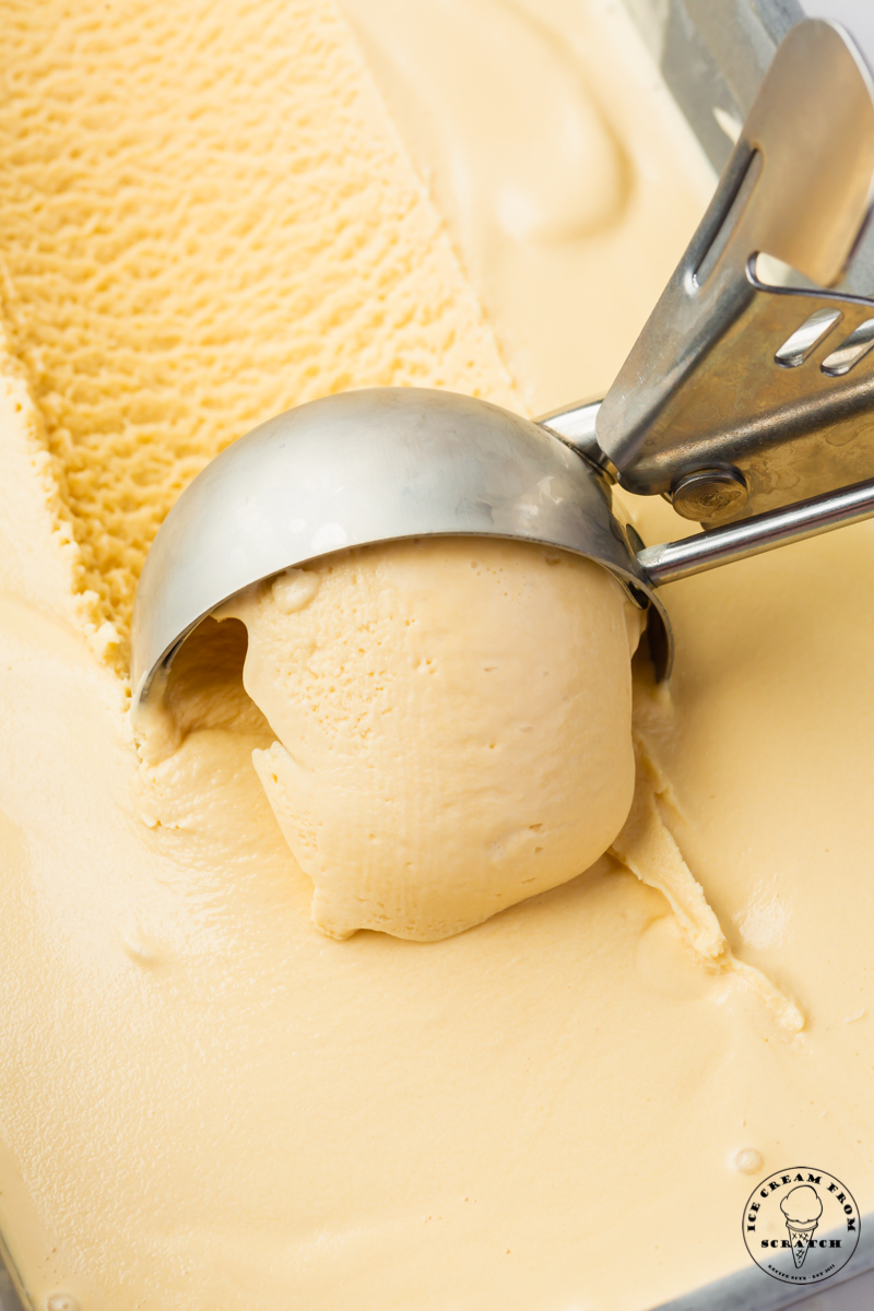 closeup view of a pan of homemade butterscotch ice cream. A metal scoop is pulling through to serve it.