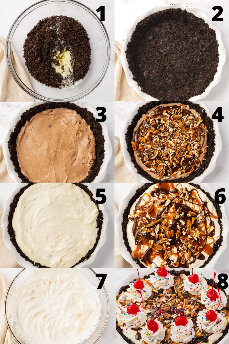 A collage of 8 photos showing how to make a homemade ice cream pie