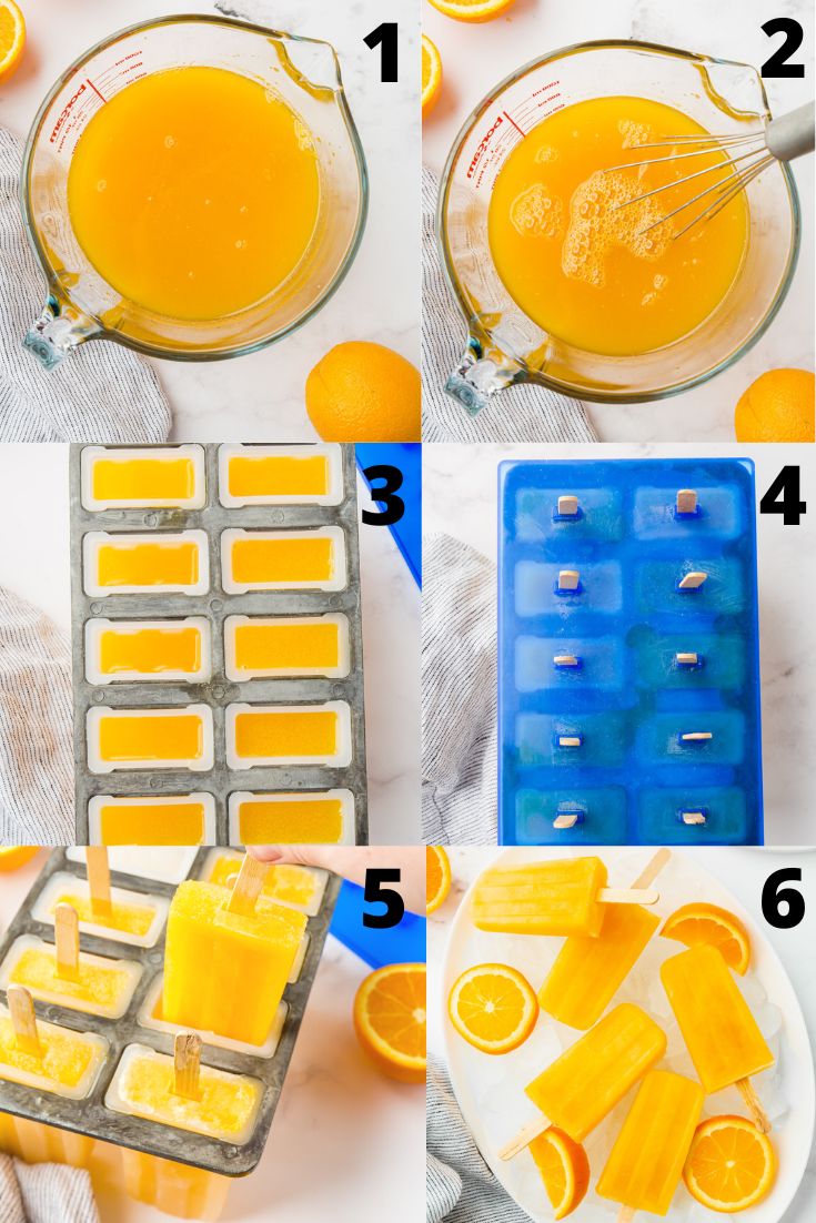 a collage of six images showing the process of making homemade orange popsicles