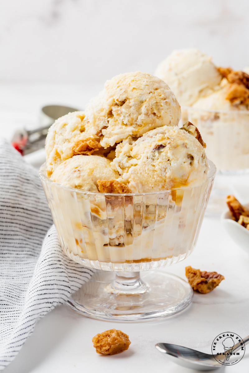 a footed glass dish filled with scoops of pralines and cream ice cream with praline candies scattered around.