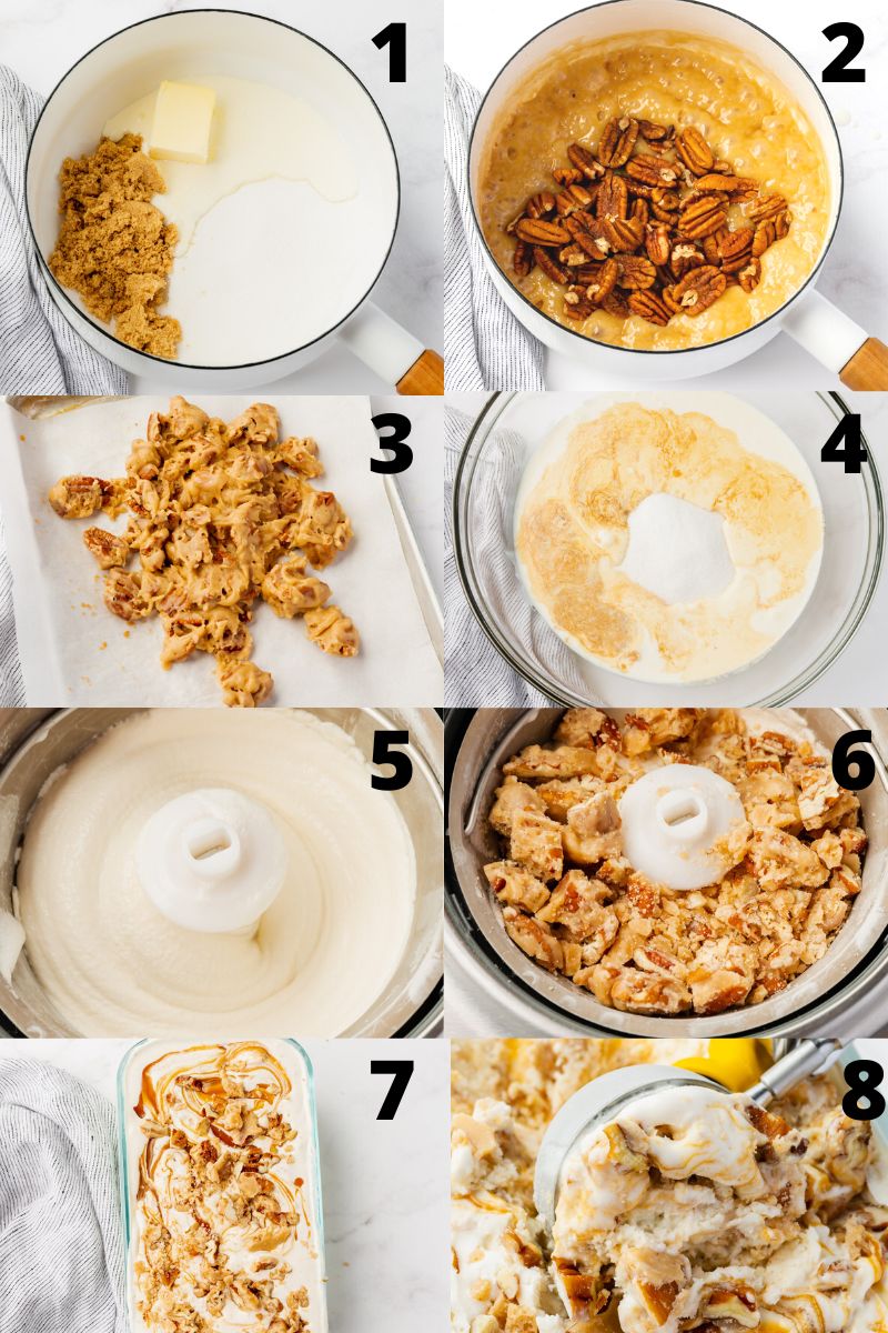 A collage of 8 images showing how to make pralines and cream ice cream from scratch