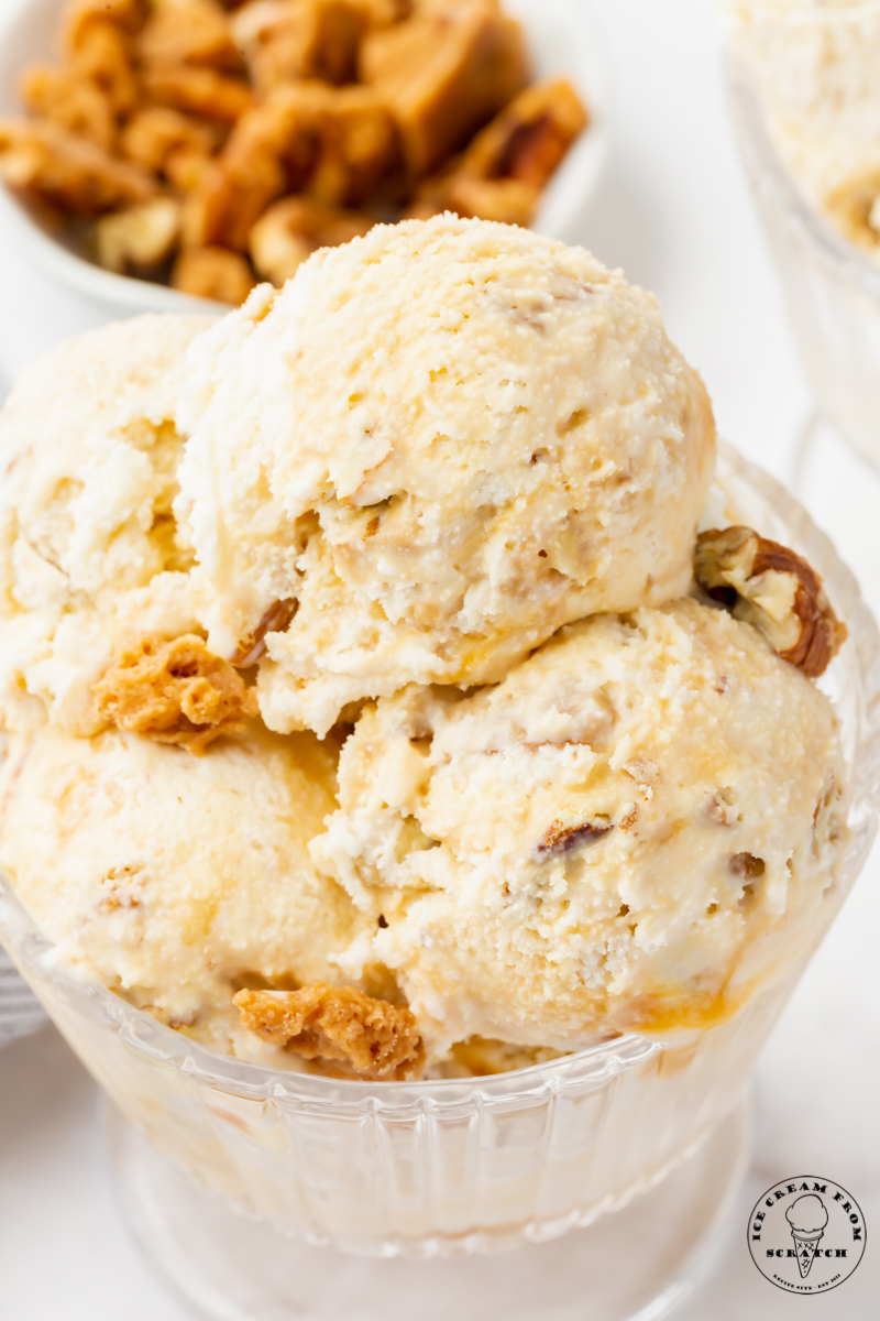 scoops of creamy pralines and cream ice cream in a glass ice cream dish.
