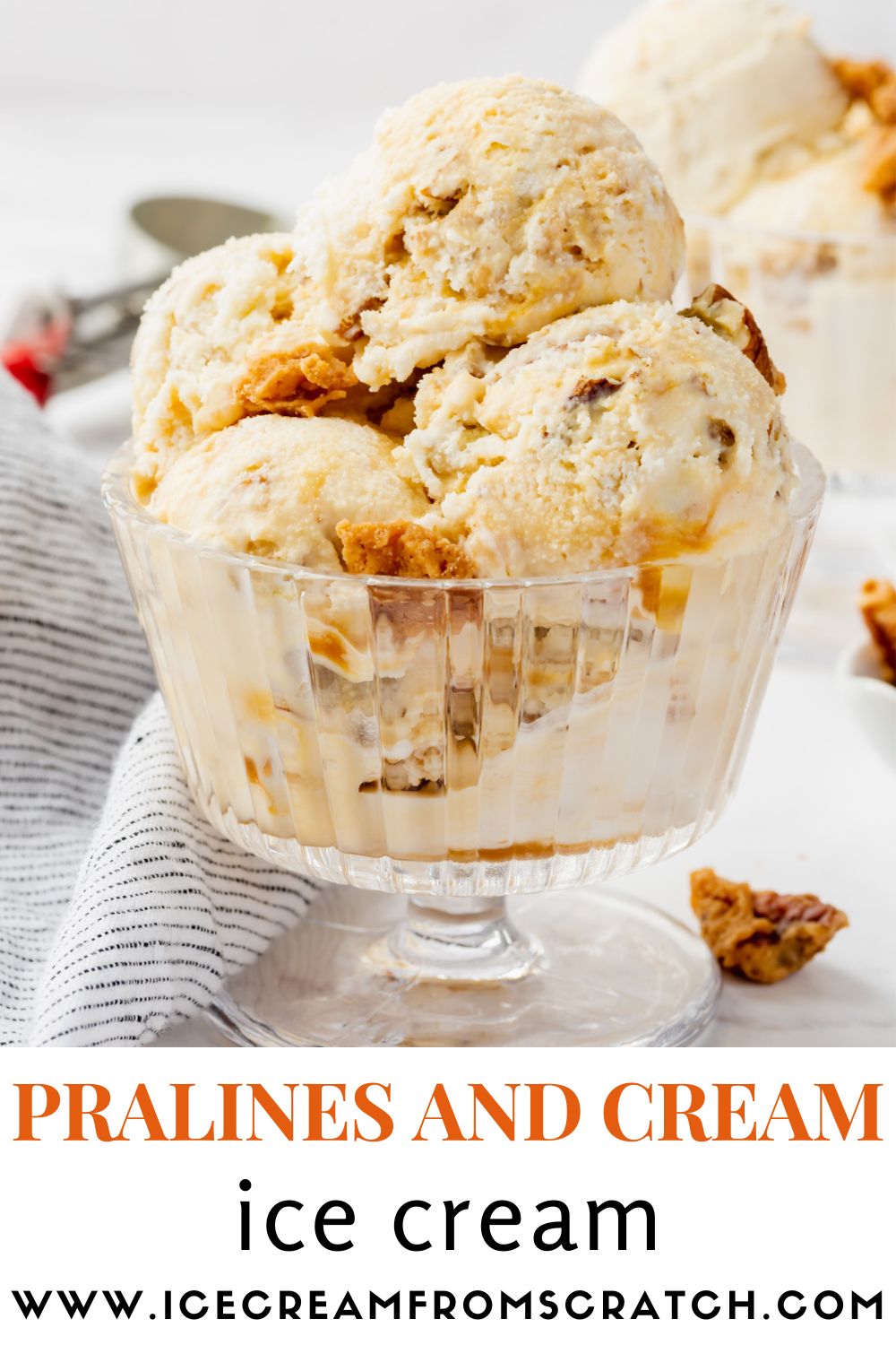 a footed dish of scooped homemade praline ice cream. Text at bottom of image says "Pralines and Cream ice cream"