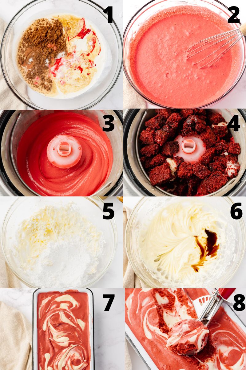 A collage of 8 photos showing how to make red velvet ice cream with cream cheese swirl.