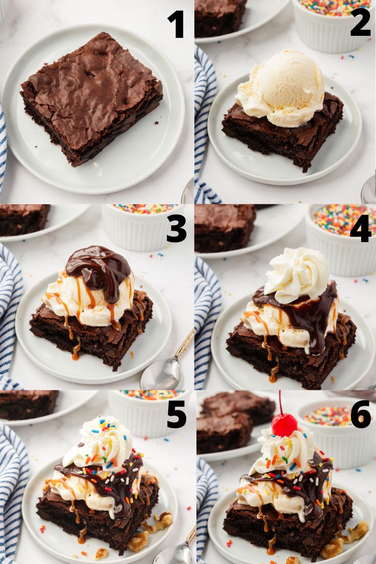 a collage of 6 photos showing the step by step process of making a hot fudge brownie sundae