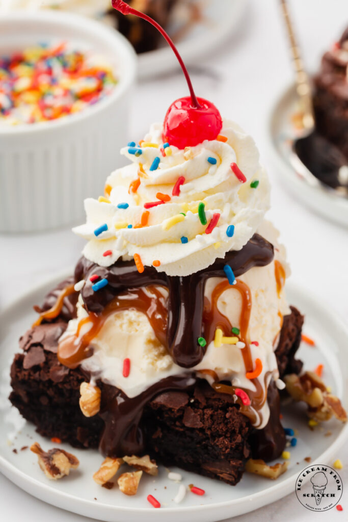 Closeup view of a brownie topped with ice cream, hot fudge, and sundae toppings.