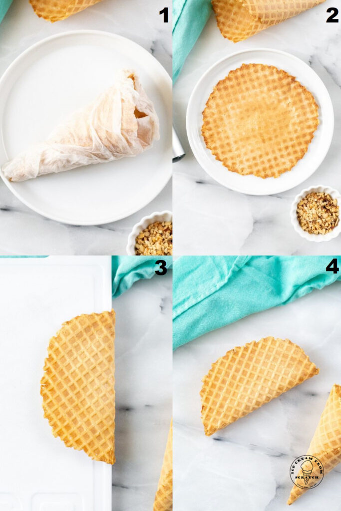 a collage of four photos showing how to make choco taco waffle shells
