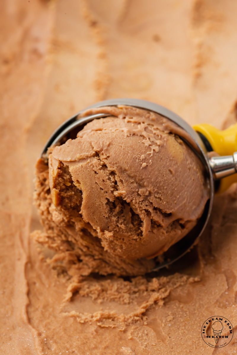 closeup view of a scooper serving homemade chocolate ice cream with peanut butter