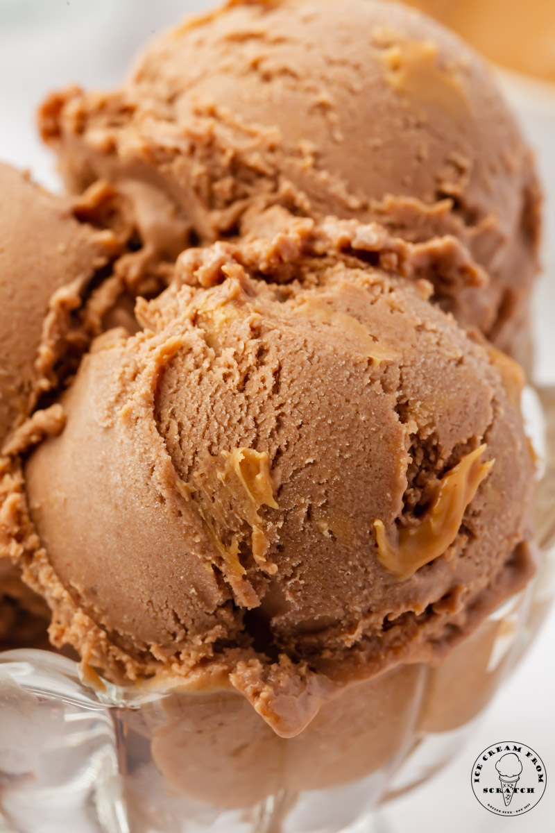 closeup of scoops of chocolate peanut butter ice cream.