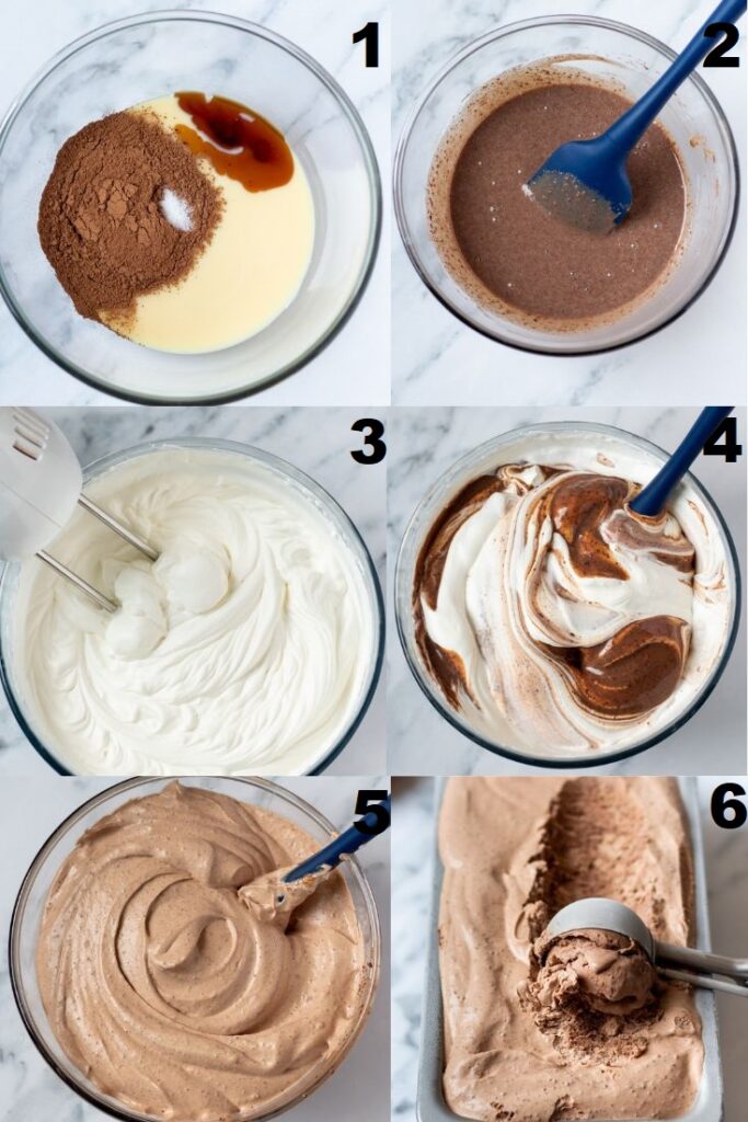 a collage of six photos showing the stops to make no churn chocolate ice cream