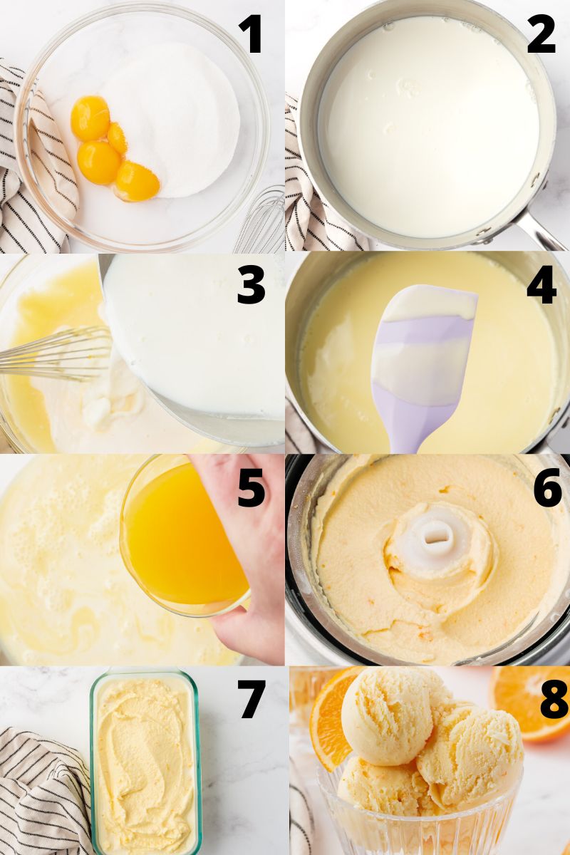 a collage of eight photos showing all of the steps for making homemade orange ice cream