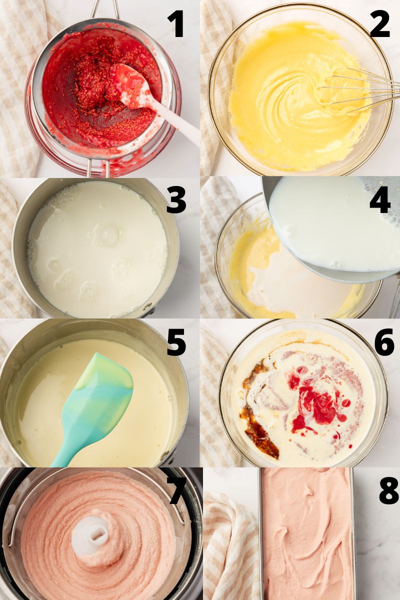a collage of 8 images showing step by step instructions for making ice cream with raspberries