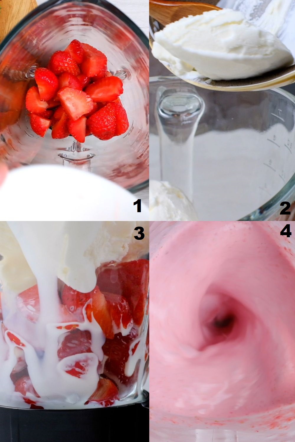 a collage of four photos showing how to make a strawberry milkshake in a blender