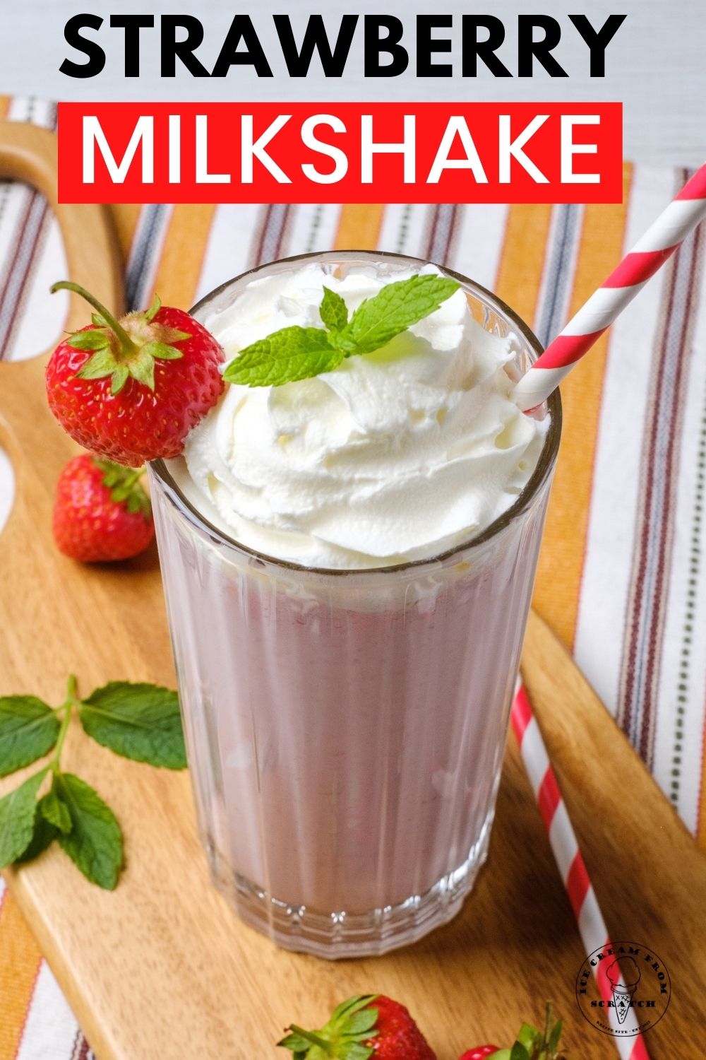 a ridged clear glass filled with strawberry milkshake, garnished with whipped ream, mint, strawberries, and a red and white straw. The title is at the top of the image in black and red letters.