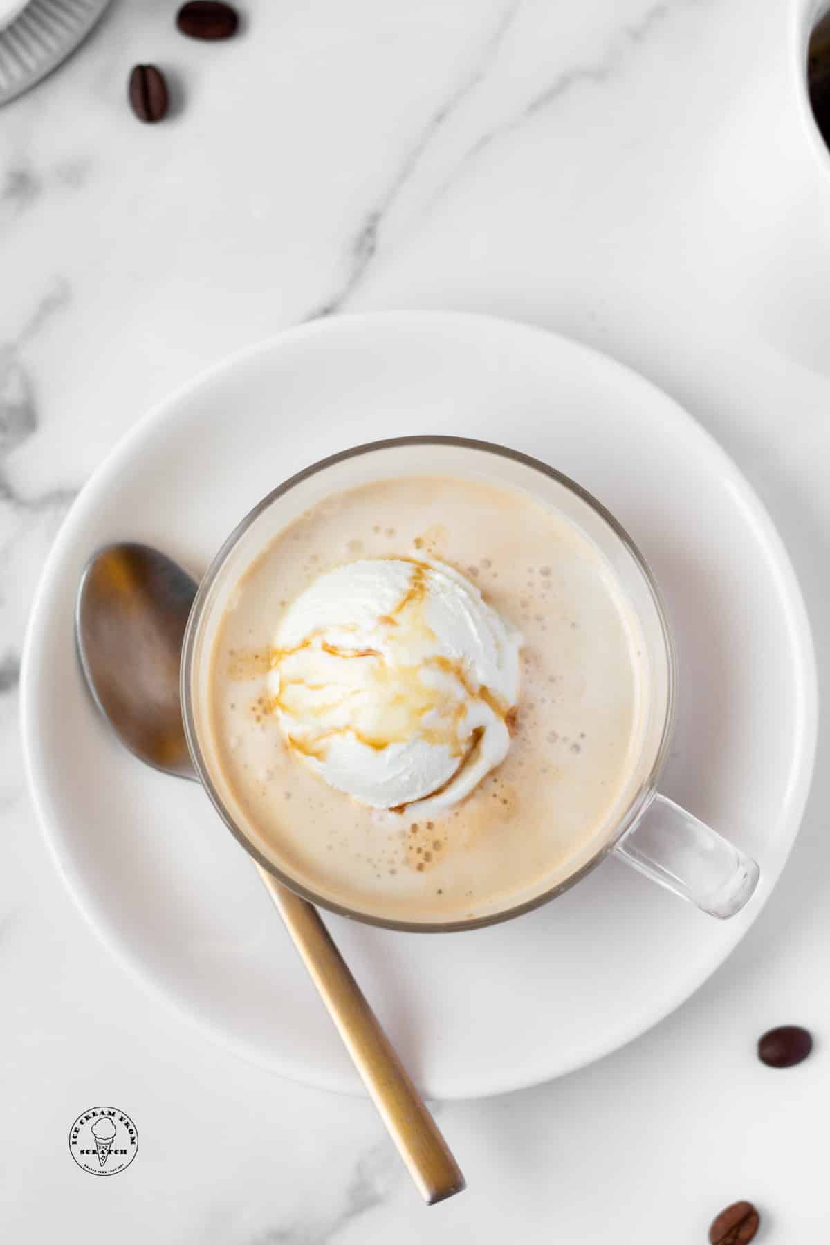 Coffee affogato with vanilla ice cream, viewed from above