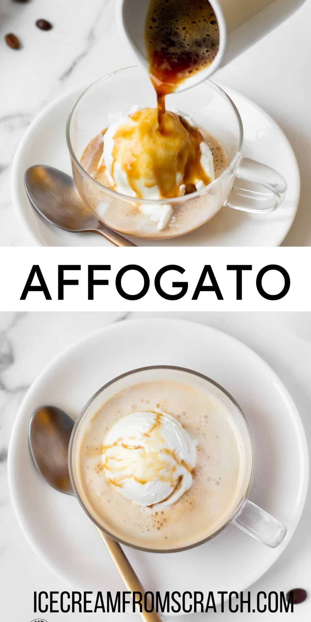 Two images of affogato in a glass mug.