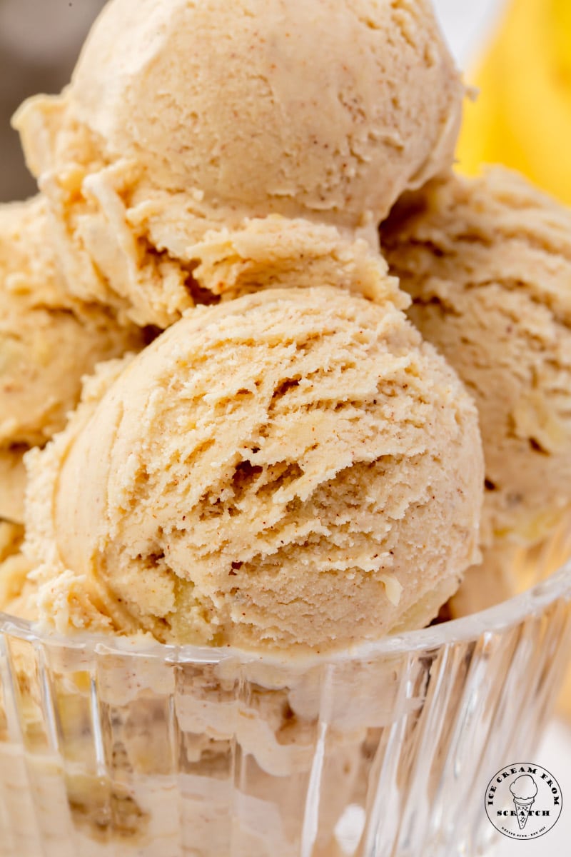 closeup view of scoops of homemade bananas foster ice cream