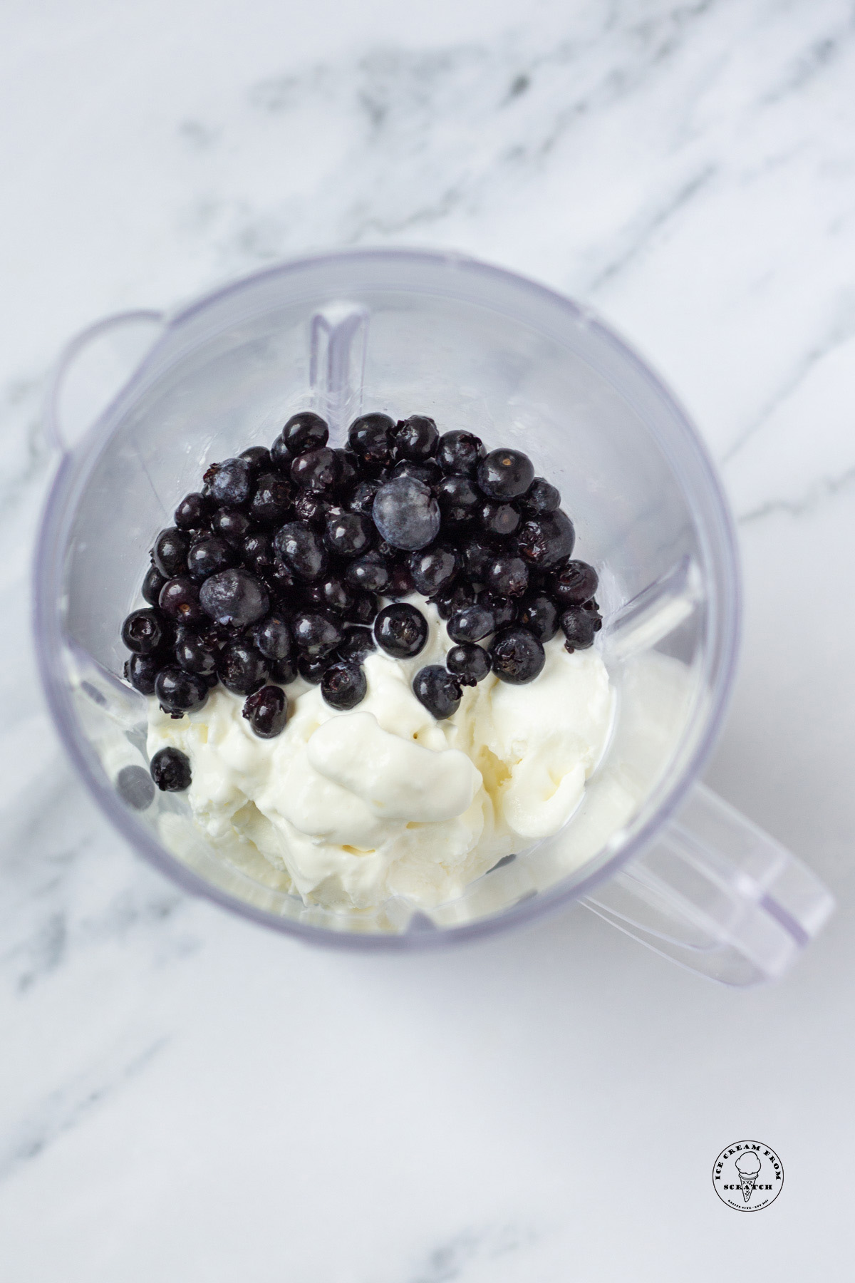 Ice cream and blueberries in a blender, viewed from above