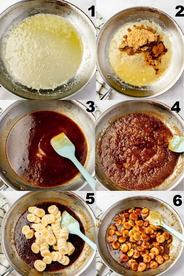 a collage of six images showing how to make caramelized bananas on the stove.