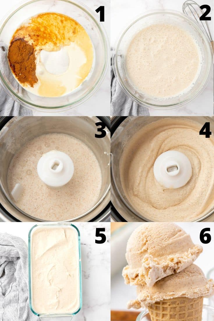 a collage of six images showing how to make cinnamon ice cream in an ice cream maker from scratch.