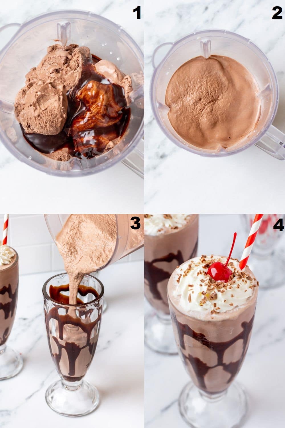 a collage of four images showing how to make a hershey's milkshake with chocolate ice cream in a blender.
