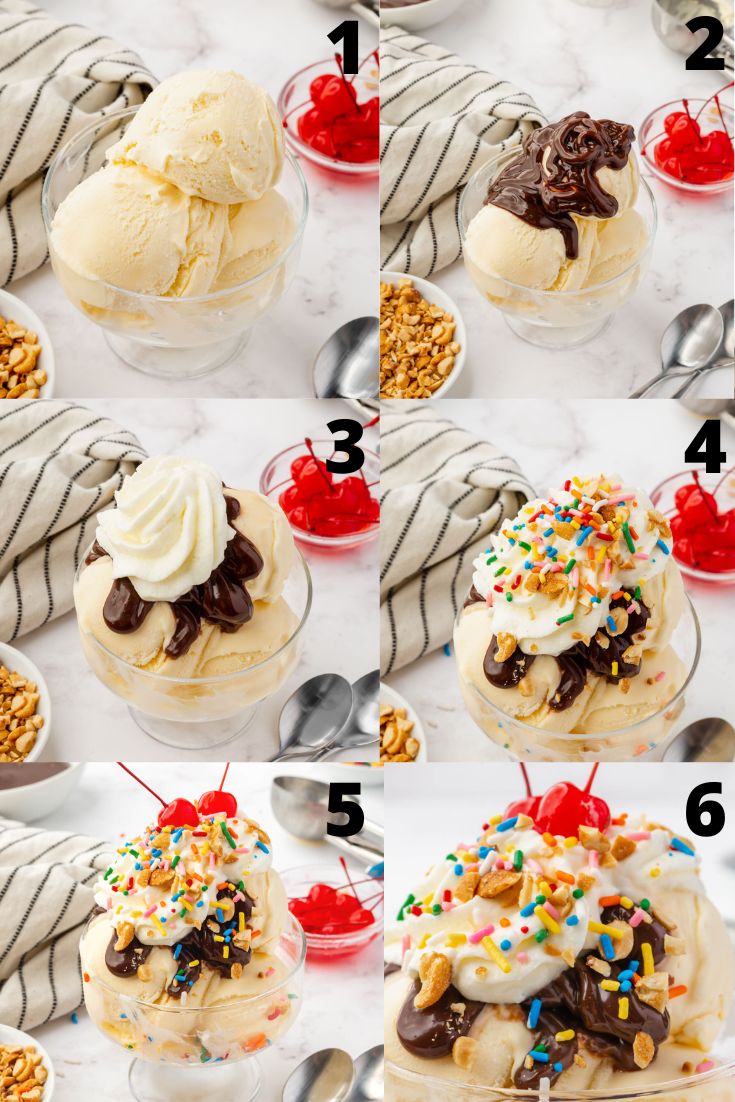 a collage of six images showing how to make a hot fudge sundae