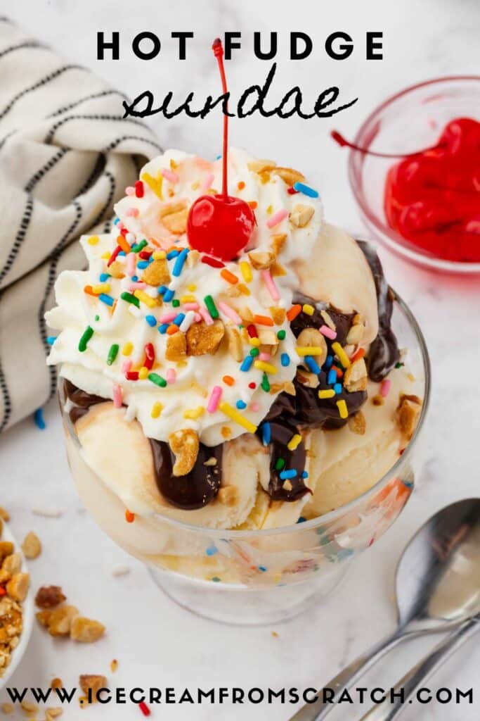 image of a hot fudge sundae. Text over top of image says "hot fudge sundae"