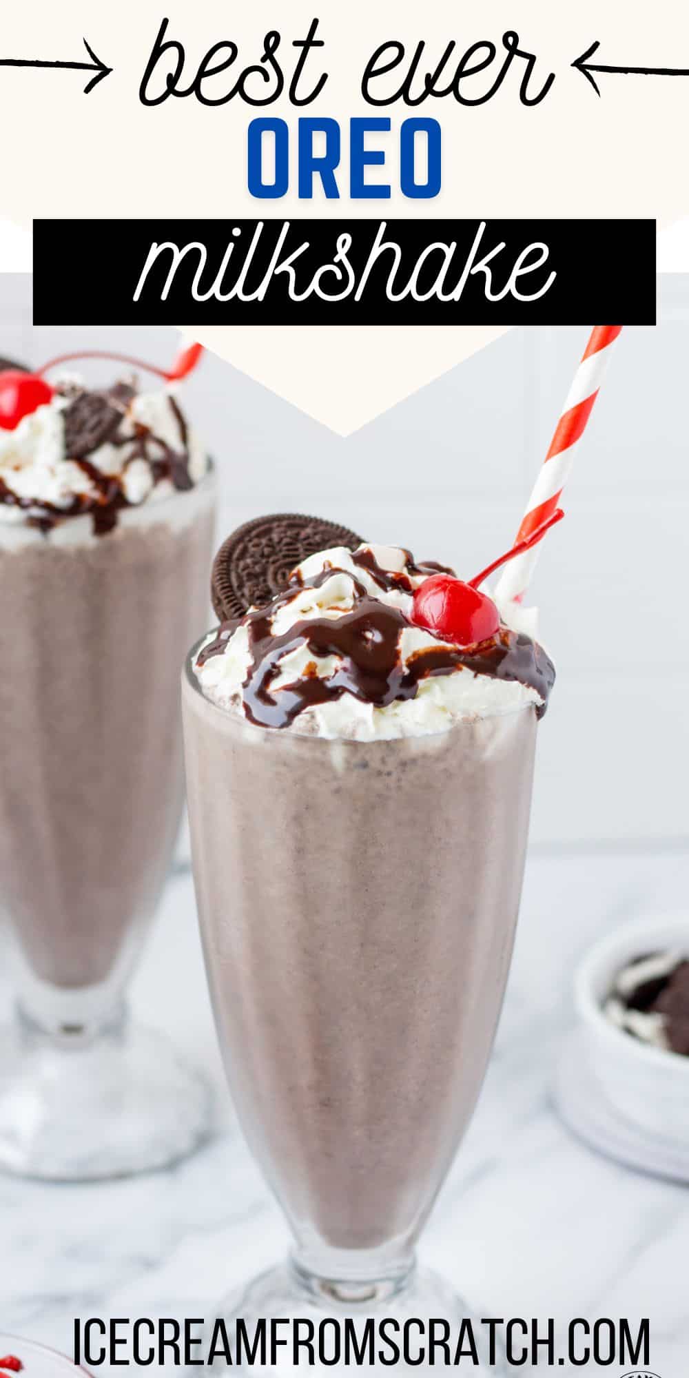 two tall milkshake glasses filled with Oreo milkshakes, topped with whipped cream, chocolate sauce, a cherry, and an oreo. Each has a red and white striped straw . Text at top of image says "best ever oreo milkshake"