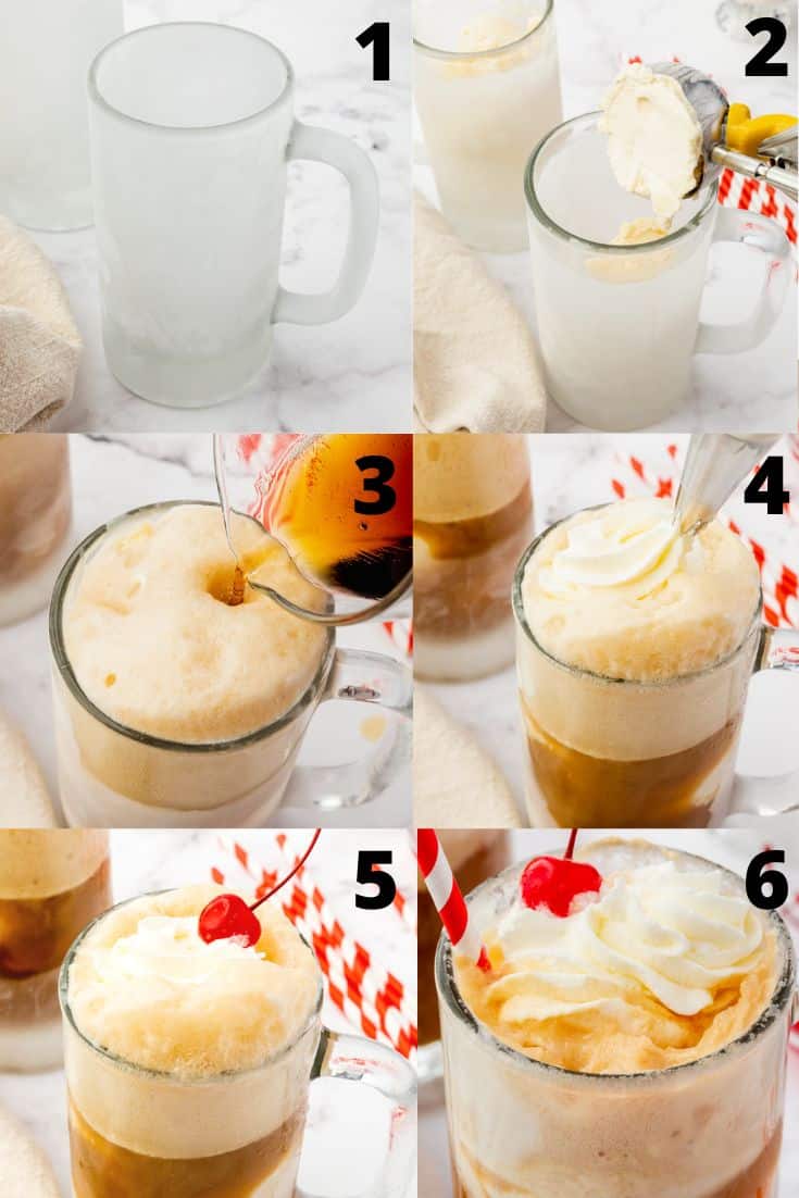 a 6 photo collage showing the steps to make a classic root beer float