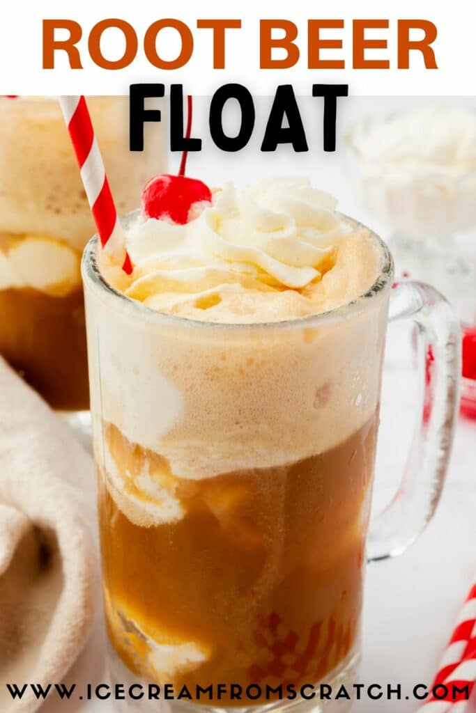 a root beer float in a clear frosted mug, with a red and white striped straw.