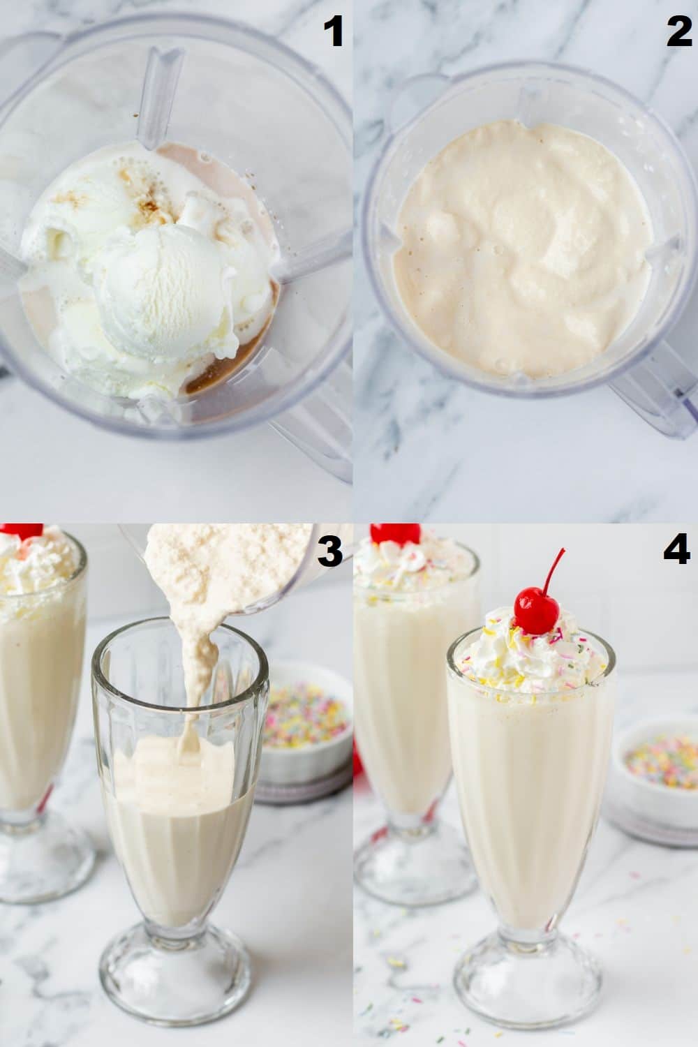 four photos showing the steps to make to make a milkshake vegan