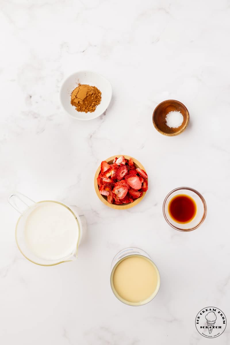 The ingredients needed to make neapolitan ice cream, all in separate bowls, viewed from overhead. In the center is a bowl of freeze dried strawberries. Around it is a cup of cream, a can of sweetened condensed milk, a small bowl of vanilla extract, a small bowl of salt, and a small bowl of cocoa powder.