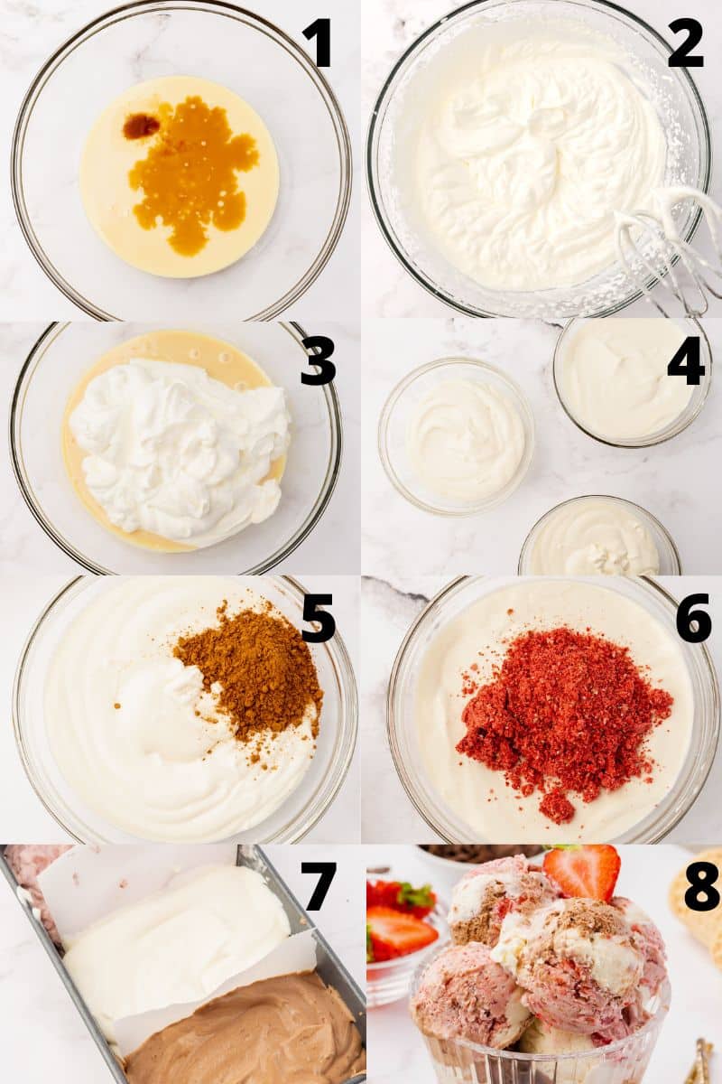 a photo collage showing how to make neopolitan ice cream without an ice cream maker, step by step.