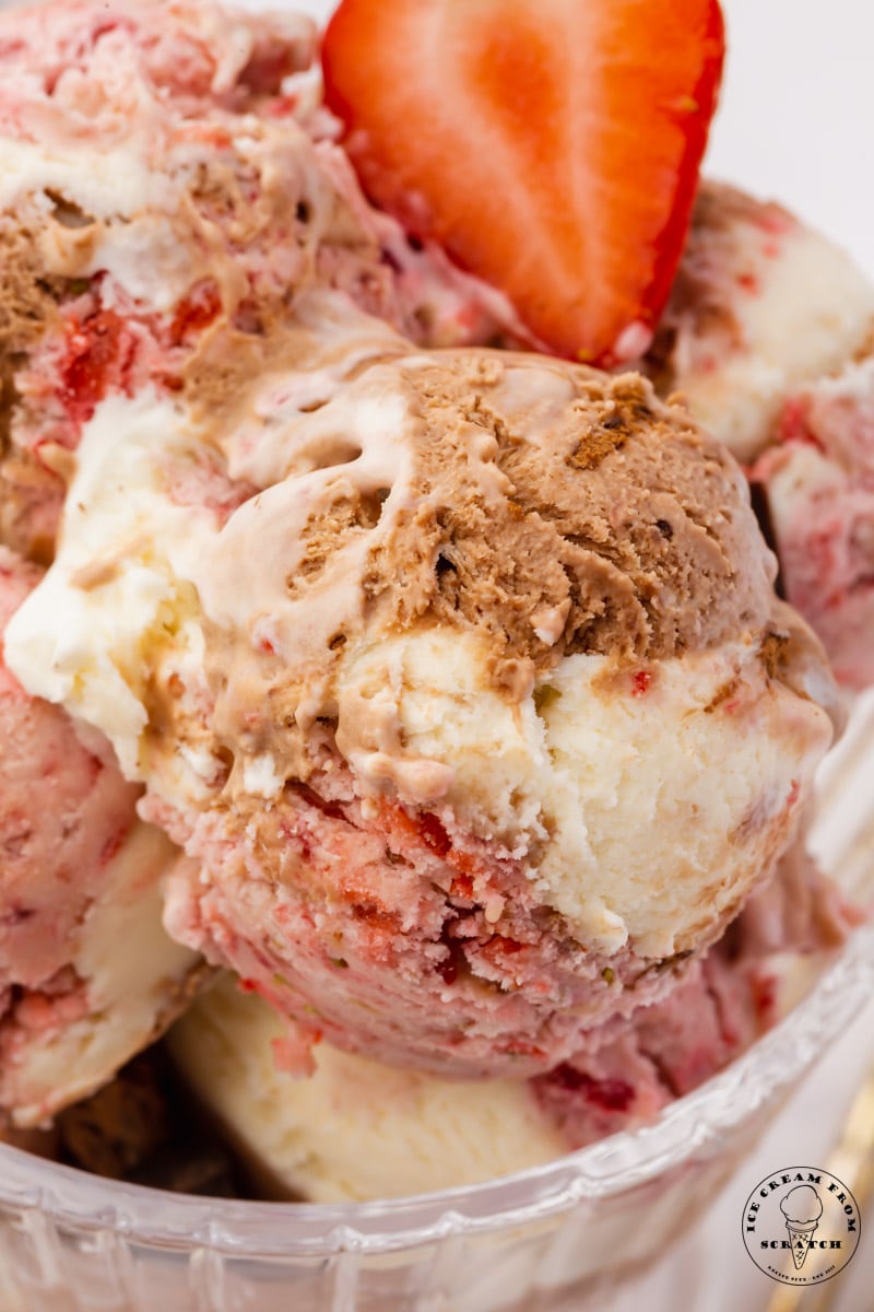 Closeup view of scoops of homemade neapolitan ice cream