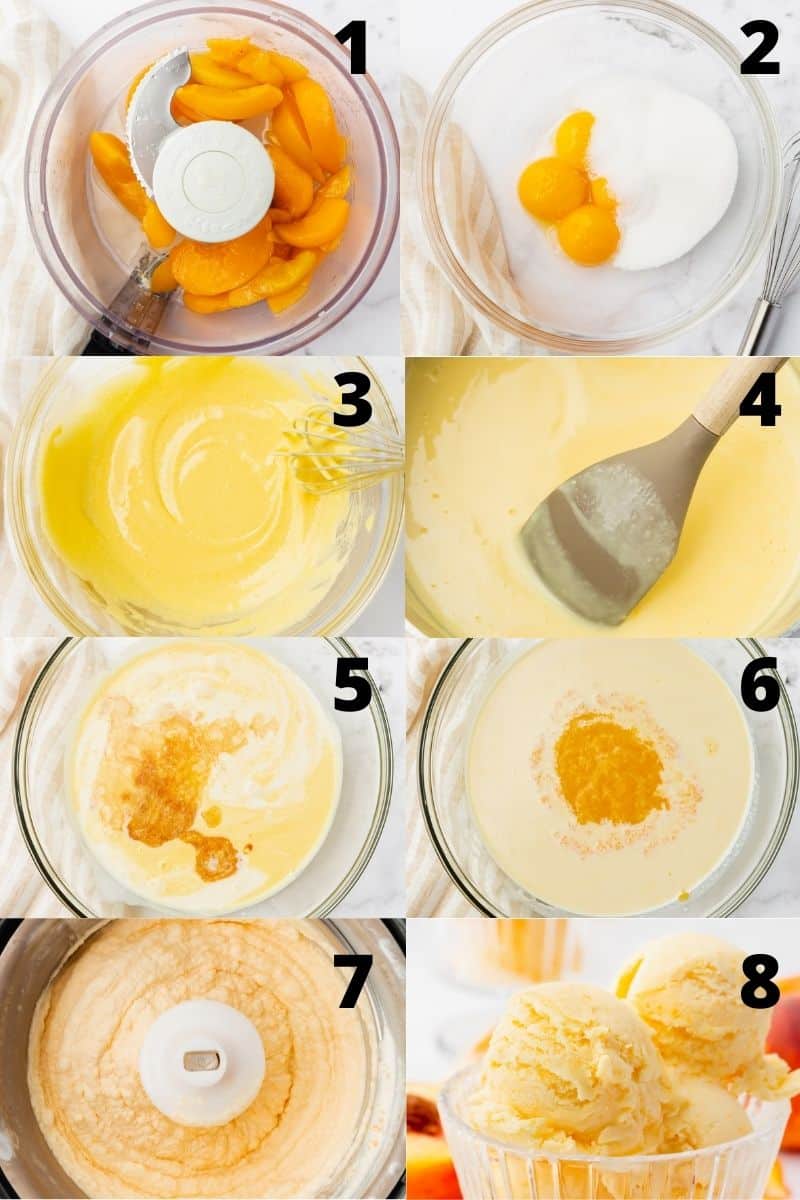 a collage of 8 images showing the steps to make peaches and cream ice cream in an ice cream maker.